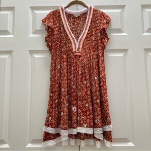 Poupette St Barth Sasha Mini Dress Floral Crochet Fringe Pintuck Flutter Small